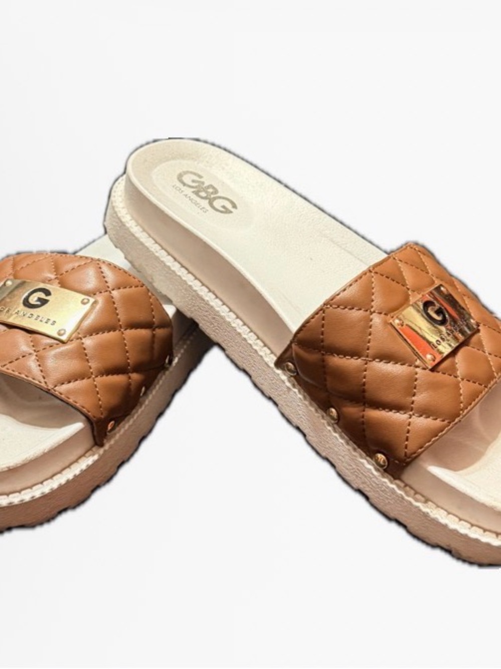 GBG Los Angeles Quilted Brown Slide Sandals with Gold Plaque